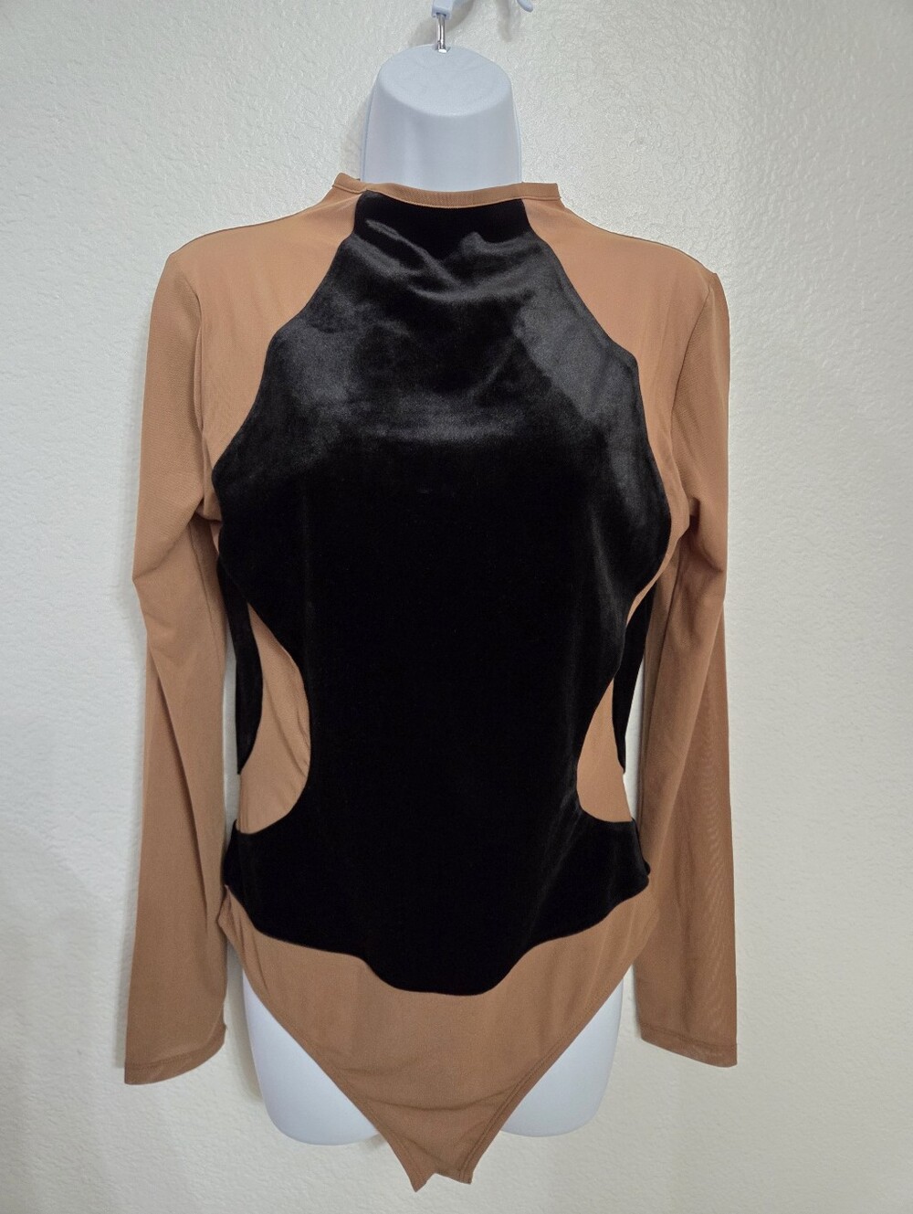 JLUXLABEL Black and Tan Velvet-Front Long Sleeve Bodysuit Women's Size Xlarge